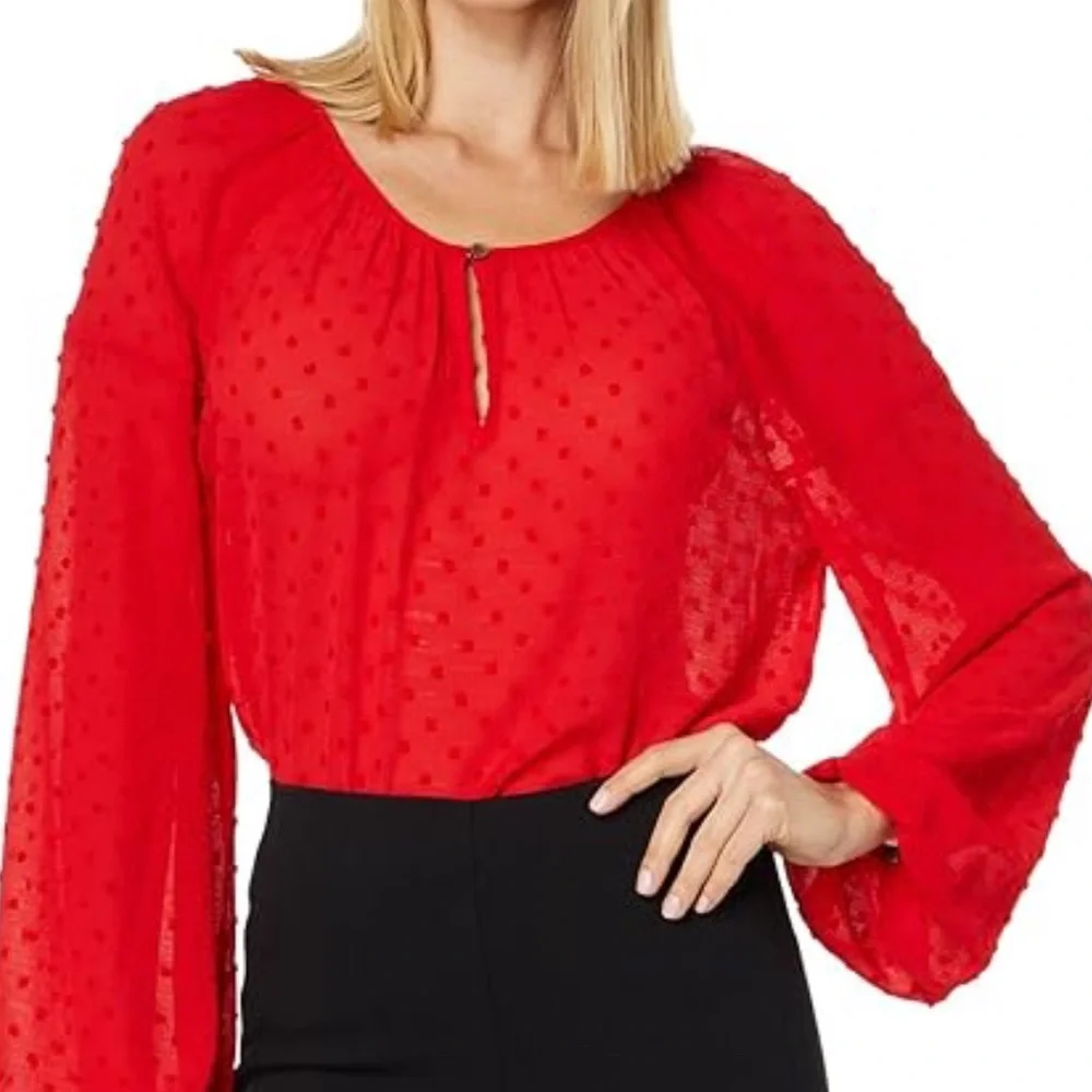 Lot 2 Vince Camuto Tops Red Dot Black Floral Sheer V-neck Blouse Dressy Career M - Picture 2 of 14